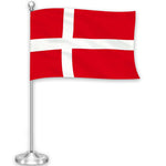 Load image into Gallery viewer, G128 Denmark Danish Deluxe Desk Flag Set  8.5x5.5 In  Printed 300D Polyester, with Silver Dome and Base, 15 Metal Pole, Decorations For Office, Home and Festival Events Celebration