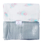 Load image into Gallery viewer, Muslin Swaddle Blankets Large Size Soft Breathable Bamboo Cotton Prevents Overheating Set of 2 Gender Neutral Design Nursing Cover Swaddling Blanket Feather Print Boy Girl Burp Cloth