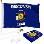 Load image into Gallery viewer, G128 Combo Pack: 6 Ft Tangle Free Aluminum Spinning Flagpole (White) &amp; Wisconsin WI State Flag 3x5 Ft, LiteWeave Pro Series Printed 300D Polyester  Pole with Flag Included