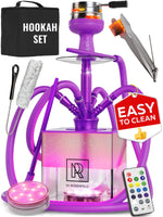 Load image into Gallery viewer, 4 Hose Hookah Set with Everything – Purple Hookah 4 Hose Complete Kit with LED Light, Remote, Silicone Hoses, Acrylic Base, and Tongs – Big Hookah Set with Accessories – Premium Sisha Hooka