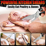 Load image into Gallery viewer, 4 in 1 Multi Use Kitchen Shears for Food Heavy Duty Sharp Seafood Fish Turkey Chicken Shears with Non Slip Metal Handle Micro Serrated Blades Spring Loaded Safety Lock Bone Scissors Black