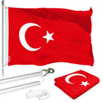 Load image into Gallery viewer, G128 Combo Pack: 6 Ft Tangle Free Spinning Flagpole (Silver) &amp; Turkey Flag 3x5 Ft Printed 150D Polyester, Brass Grommets (Flag Included) Aluminum Flag Pole