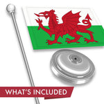 Load image into Gallery viewer, G128 Wales Welsh Deluxe Desk Flag Set  8.5x5.5 In  Printed 300D Polyester, with Silver Dome and Base, 15 Metal Pole, Decorations For Office, Home and Festival Events Celebration