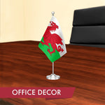 Load image into Gallery viewer, G128 Wales Welsh Deluxe Desk Flag Set  8.5x5.5 In  Printed 300D Polyester, with Silver Dome and Base, 15 Metal Pole, Decorations For Office, Home and Festival Events Celebration