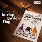 Load image into Gallery viewer, G128 Garden Flag Happy Halloween Three Gnomes Spider Web 12x18 Burlap Fabric