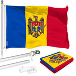 Load image into Gallery viewer, Combo Pack 6 Ft Tangle Free Spinning Flagpole Silver Moldova Flag 3x5 Ft