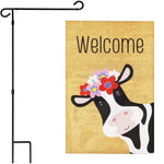 Load image into Gallery viewer, G128 Combo Pack: Garden Flag Stand Black 36 in x 16 in &amp; Garden Flag Spring Decoration Welcome Cow with Flowers 12x18 DoubleSided Burlap Fabric