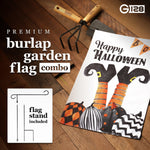 Load image into Gallery viewer, G128 Combo Pack: Garden Flag Stand Black 36 in x 16 in &amp; Garden Flag Halloween Decoration Witch Feet and Spooky Pumpkins 12x18 DoubleSided Burlap Fabric
