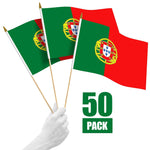 Load image into Gallery viewer, G128 50 Pack Handheld Portugal Portuguese Stick Flags  12x18 In  Printed 150D Polyester, Country Flag, Solid Wooden Stick, Spear Gold Tip