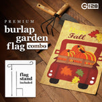 Load image into Gallery viewer, G128 Combo Pack: Garden Flag Stand Black 36 in x 16 in &amp; Garden Flag Fall Decoration Pumpkins in Truck Bed 12x18 DoubleSided Burlap Fabric