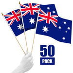 Load image into Gallery viewer, G128 50 Pack Handheld Australia Australian Stick Flags  12x18 In  Printed 150D Polyester, Country Flag, Solid Wooden Stick, Spear Gold Tip