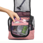 Load image into Gallery viewer, The Fine Living Co. USA Portable Hanging Shower Caddy Organizer with 1 Free Toiletries Case Quick Dry Mesh Shower Caddy Tote Bag Included 1 Metal Hook Perfect for Dorm Camp Travel Gym Pink