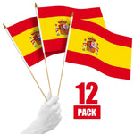Load image into Gallery viewer, G128 12 Pack Handheld Spain Spanish Stick Flags  12x18 In  Printed 150D Polyester, Country Flag, Solid Wooden Stick, Spear Gold Tip