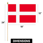 Load image into Gallery viewer, G128 50 Pack Handheld Denmark Danish Stick Flags  12x18 In  Printed 150D Polyester, Country Flag, Solid Wooden Stick, Spear Gold Tip