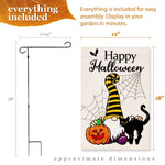 Load image into Gallery viewer, G128 Combo Pack: Garden Flag Stand Black 36 in x 16 in &amp; Garden Flag Happy Halloween Decoration Gnome with Pumpkin and Black Cat 12x18 DoubleSided Blockout Fabric