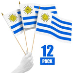 Load image into Gallery viewer, G128 12 Pack Handheld Uruguay Uruguayan Stick Flags  12x18 In  Printed 150D Polyester, Country Flag, Solid Wooden Stick, Spear Gold Tip