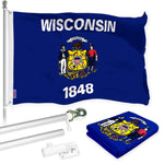 Load image into Gallery viewer, G128 Combo Pack: 6 Ft Tangle Free Aluminum Spinning Flagpole (Silver) &amp; Wisconsin WI State Flag 3x5 Ft, LiteWeave Pro Series Printed 300D Polyester  Pole with Flag Included