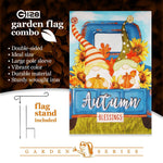 Load image into Gallery viewer, Combo Pack: Garden Flag Stand Black 36 in x 16 in &amp; Garden Flag Fall Decoration Autumn Blessings Gnomes with Pumpkins 12x18 DoubleSided Blockout Fabric