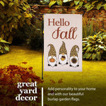Load image into Gallery viewer, G128 Combo Pack: Garden Flag Stand Black 36 in x 16 in &amp; Garden Flag Hello Fall Decoration Three Gnomes with Pumpkin Acorn Sunflower 12x18 DoubleSided Burlap Fabric