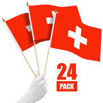 Load image into Gallery viewer, G128 24 Pack Handheld Switzerland Swiss Stick Flags  12x18 In  Printed 150D Polyester, Country Flag, Solid Wooden Stick, Spear Gold Tip