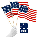 Load image into Gallery viewer, G128 50 Pack Handheld American USA Stick Flags  12x18 In  Printed 150D Polyester, Country Flag, Solid Wooden Stick, Spear Gold Tip, Great for Patriotic Decorations