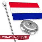 Load image into Gallery viewer, G128 Netherlands Dutch Deluxe Desk Flag Set  8.5x5.5 In  Printed 300D Polyester, with Silver Dome and Base, 15 Metal Pole, Decorations For Office, Home and Festival Events Celebration