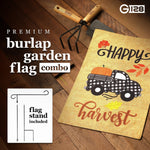 Load image into Gallery viewer, G128 Combo Pack: Garden Flag Stand Black 36 in x 16 in &amp; Garden Flag Fall Decoration Happy Harvest Pumpkin in Truck Bed 12x18 DoubleSided Burlap Fabric