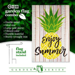 Load image into Gallery viewer, Combo Pack: Garden Flag Stand Black 36 in x 16 in &amp; Garden Flag Summer Decoration Enjoy Summer Pineapple 12x18 DoubleSided Blockout Fabric