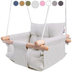 Load image into Gallery viewer, Grey Canvas Baby Swing Wooden Hanging Swing Seat Chair with Safety Belt Durable Baby Swing Chair Outdoor and Indoor Swing for Kids Mounting Hardware Included Gray