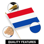 Load image into Gallery viewer, G128 50 Pack Handheld Netherlands Dutch Stick Flags  12x18 In  Printed 150D Polyester, Country Flag, Solid Wooden Stick, Spear Gold Tip