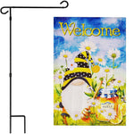 Load image into Gallery viewer, G128 Combo Pack: Garden Flag Stand Black 36 in x 16 in &amp; Garden Flag Spring Decoration Welcome Bee Gnome with Honey 12x18 DoubleSided Blockout Fabric
