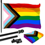 Load image into Gallery viewer, G128 Combo Pack: 6 Ft Tangle Free Aluminum Spinning Flagpole (Black) &amp; LGBT Progress Rainbow Pride Flag 3x5 Ft, LiteWeave Pro Series Printed 150D Polyester  Pole with Flag Included