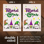 Load image into Gallery viewer, G128 Garden Flag Mardi Gras Three Gnomes 12x18 Burlap Fabric
