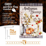 Load image into Gallery viewer, G128 Combo Pack: Garden Flag Stand Black 36 in x 16 in &amp; Garden Flag Fall Decoration Autumn Blessings Pumpkins and Flower Vases 12x18 DoubleSided Blockout Fabric