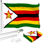 Load image into Gallery viewer, G128 Combo Pack: 6 Ft Tangle Free Aluminum Spinning Flagpole (Silver) &amp; Zimbabwe Zimbabwean Flag 3x5 Ft, LiteWeave Pro Series Printed 150D Polyester  Pole with Flag Included