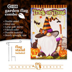 Load image into Gallery viewer, G128 Combo Pack: Garden Flag Stand Black 36 in x 16 in &amp; Garden Flag Halloween Decoration Trick or Treat Witch Hat Gnome with Broom 12x18 DoubleSided Blockout Fabric