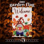 Load image into Gallery viewer, Garden Flag Welcome Gnome with Coffee at Harvest 12x18 Blockout Fabric