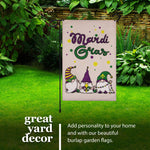 Load image into Gallery viewer, G128 Combo Pack: Garden Flag Stand Black 36 in x 16 in &amp; Garden Flag Mardi Gras Decoration Three Gnomes 12x18 DoubleSided Burlap Fabric
