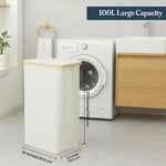 Load image into Gallery viewer, Ivory 100L Large Laundry Hamper with Lid Narrow Foldable Slim Laundry Basket with Bamboo Handles Skinny Tall Dirty Clothes Hamper for Dorm Bathroom Bedroom
