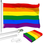 Load image into Gallery viewer, G128 Combo Pack: 6 Ft Tangle Free Aluminum Spinning Flagpole (Silver) &amp; LGBT Rainbow Pride Flag 3x5 Ft, LiteWeave Pro Series Printed 150D Polyester  Pole with Flag Included