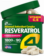 Load image into Gallery viewer, Resveratrol Supplement 1800mg Complex COQ10 Quercetin Vitamin E Calcium Ascorbate Powerful Antioxidant Formula for Enhanced Energy Heart Health &amp; Healthy Aging Support Trans Resveratrol 90 Caps