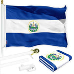 Load image into Gallery viewer, G128 Combo Pack: 6 Ft Tangle Free Spinning Flagpole (White) &amp; El Salvador Flag 3x5 Ft Printed 150D Polyester, Brass Grommets (Flag Included) Aluminum Flag Pole