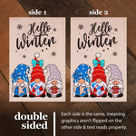 Load image into Gallery viewer, G128 Garden Flag Hello Winter Three Cozy Gnomes 12x18 Burlap Fabric