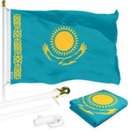 Load image into Gallery viewer, G128 Combo Pack: 6 Ft Tangle Free Aluminum Spinning Flagpole (White) &amp; Kazakhstan Kazakhstani Flag  3x5 Ft LiteWeave Pro Series Printed 150D Polyester  Pole with Flag Included