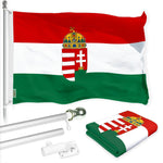 Load image into Gallery viewer, G128 Combo Pack: 6 Ft Tangle Free Spinning Flagpole (Silver) &amp; Hungary Coat of Arms Flag 3x5 Ft Printed 300D Polyester, Brass Grommets (Flag Included) Aluminum Flag Pole
