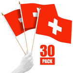 Load image into Gallery viewer, G128 30 Pack Handheld Switzerland Swiss Stick Flags  12x18 In  Printed 150D Polyester, Country Flag, Solid Wooden Stick, Spear Gold Tip