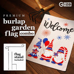 Load image into Gallery viewer, G128 Combo Pack: Garden Flag Stand Black 36 in x 16 in &amp; Garden Flag Patriotic Decoration Welcome Three Gnomes Celebrating 4th of July 12x18 DoubleSided Burlap Fabric