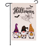 Load image into Gallery viewer, G128 Garden Flag Happy Halloween Three Gnomes Spider Web 12x18 Burlap Fabric