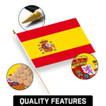 Load image into Gallery viewer, G128 30 Pack Handheld Spain Spanish Stick Flags  12x18 In  Printed 150D Polyester, Country Flag, Solid Wooden Stick, Spear Gold Tip