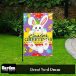Load image into Gallery viewer, Combo Pack: Garden Flag Stand Black 36x16 Inch &amp; Garden Flag Easter Greetings with White Bunny Eggs 12x18 Inch